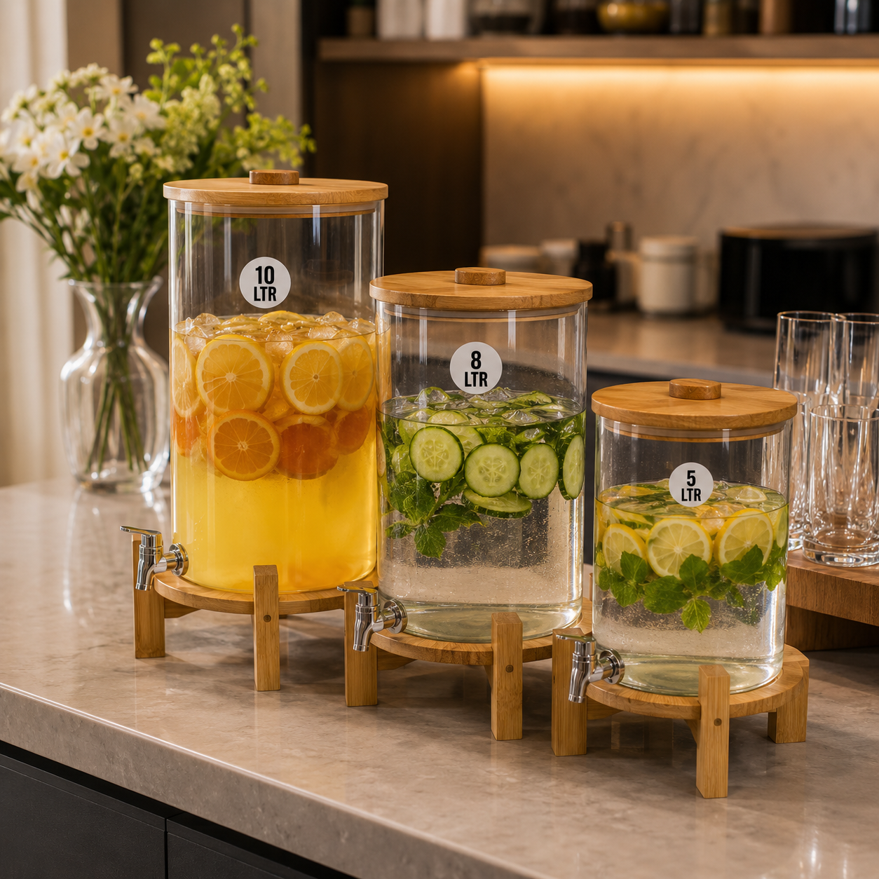 Glass Beverage Dispenser Collection with Wooden Stand (5L, 8L & 10L)