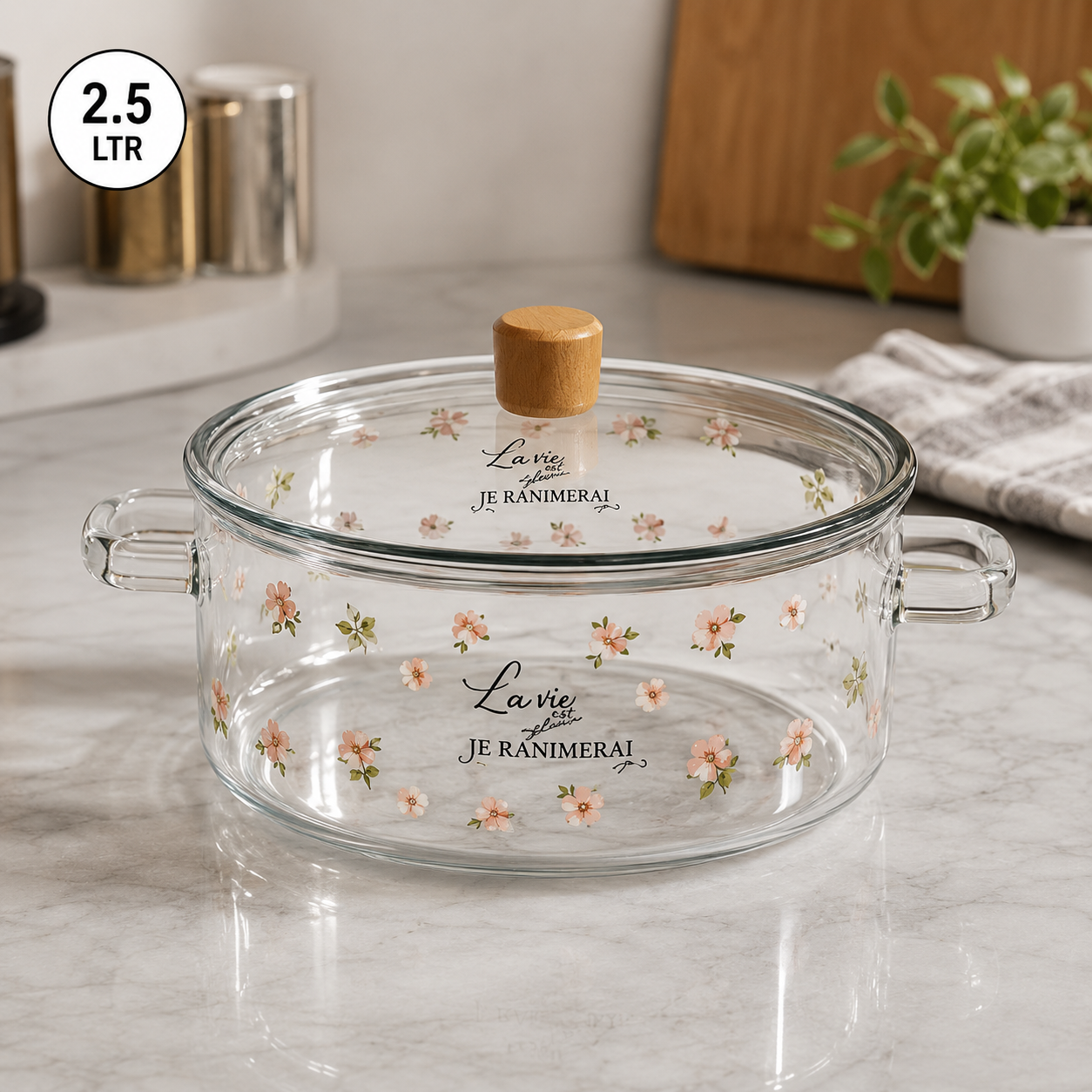 2.5L Floral Borosilicate Glass Casserole with Lid