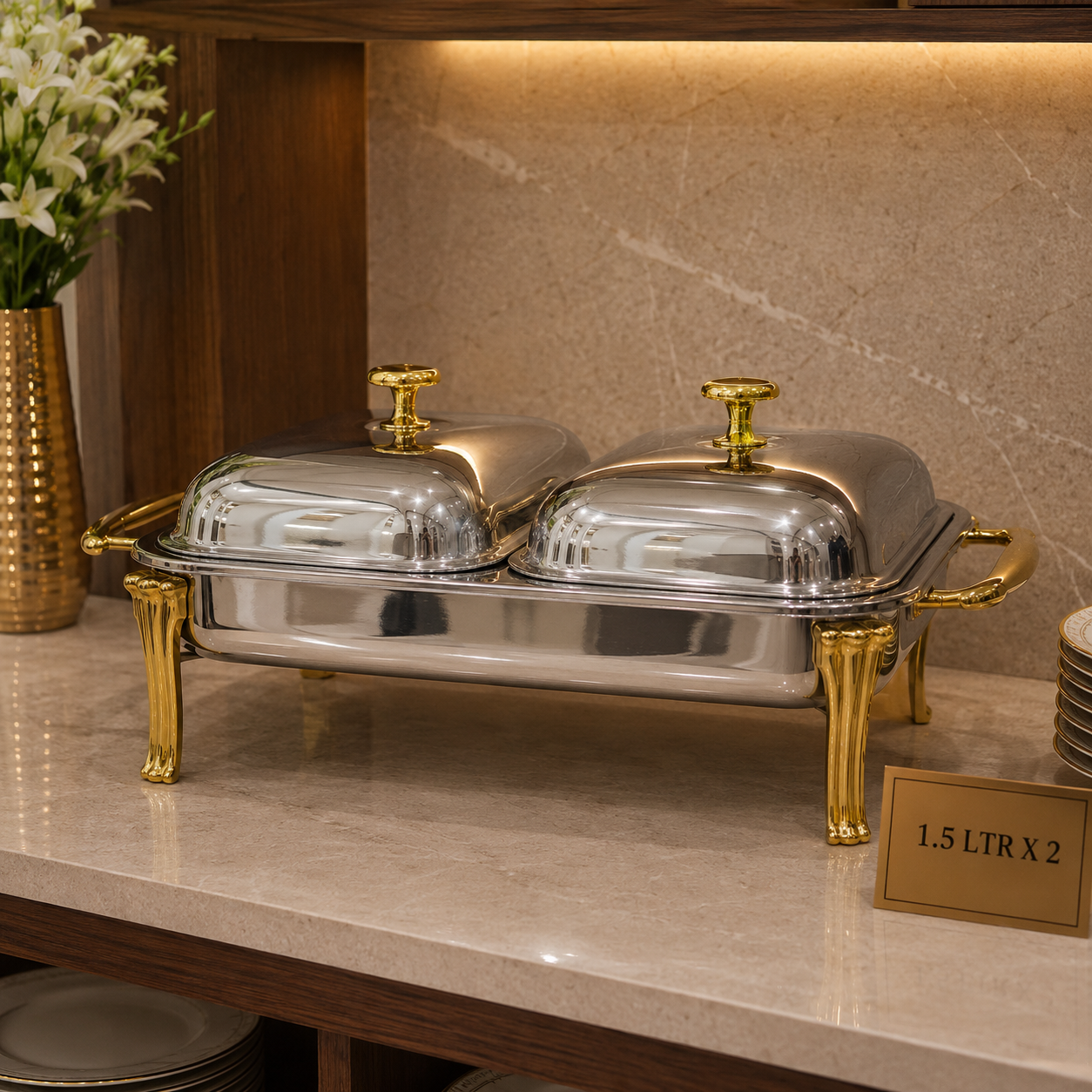 1.5L × 2 Stainless Steel Double Chafing Dish with Gold Accents