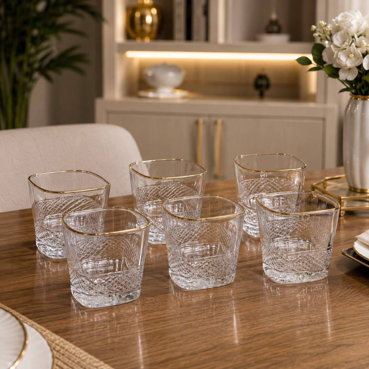 6-Piece Premium Crystal Glass Tumbler Set with Gold Rim