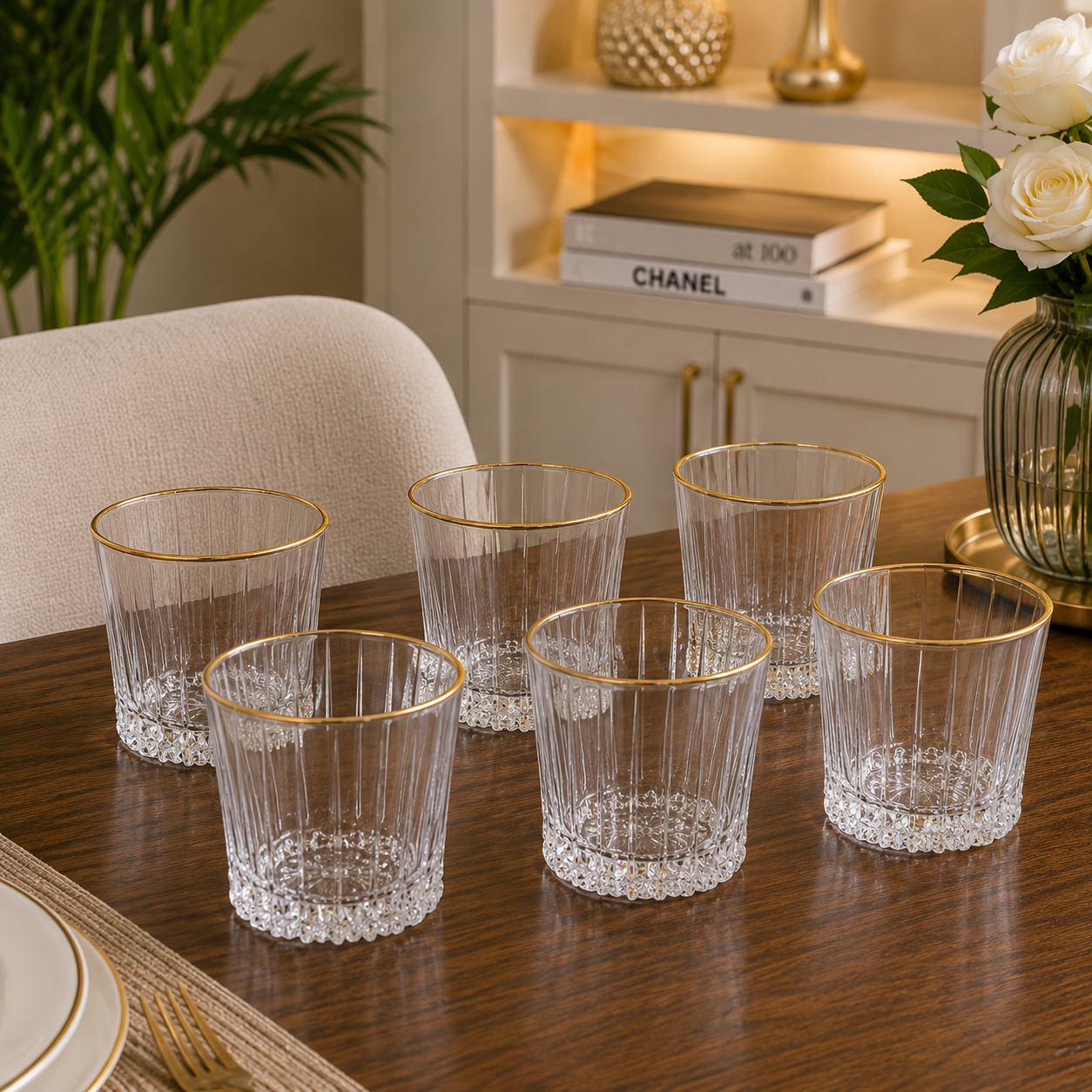 6-Piece Fluted Crystal Glass Tumbler Set with Gold Rim