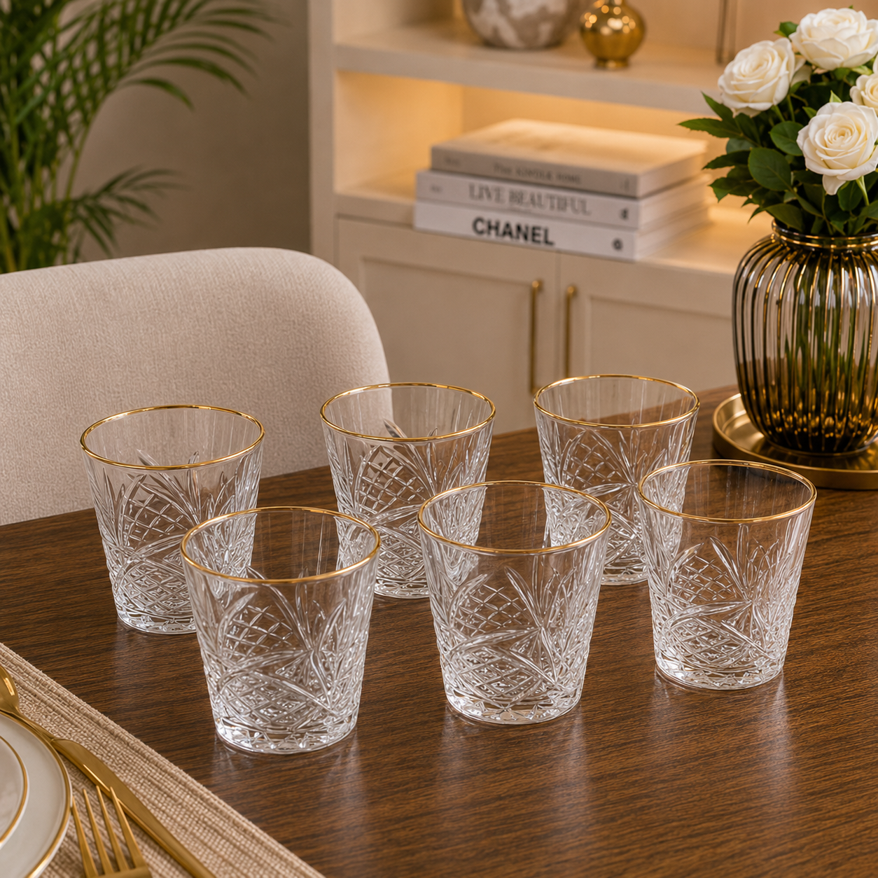 6-Piece Pineapple Cut Crystal Glass Tumbler Set with Gold Rim