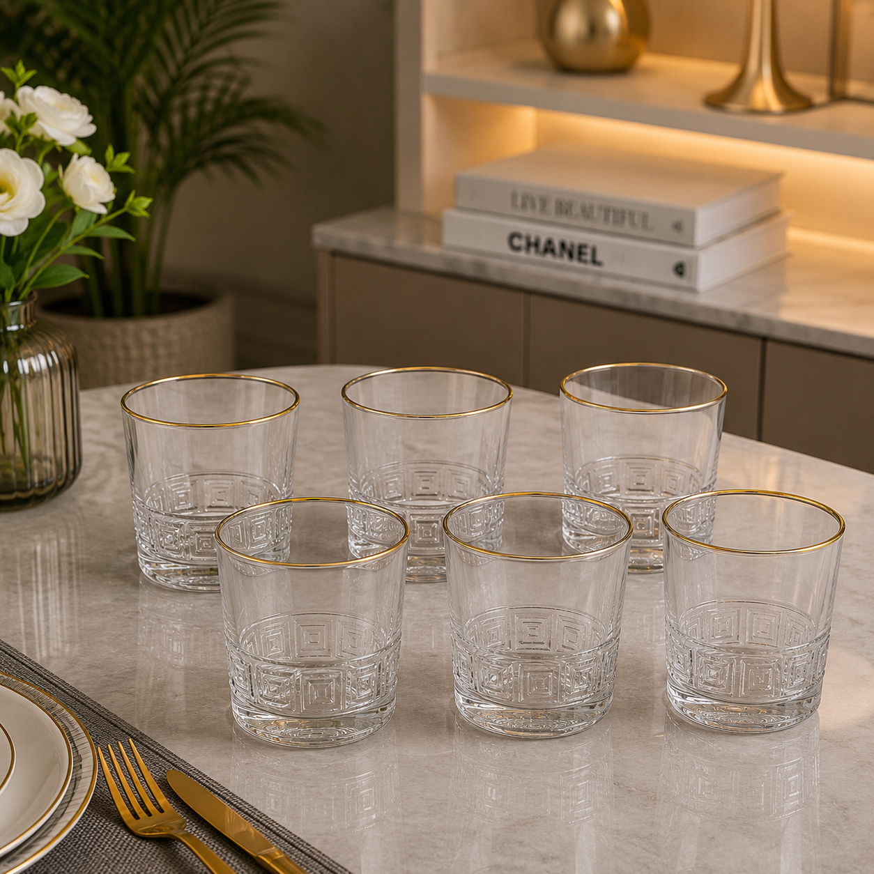 6-Piece Greek Key Crystal Glass Tumbler Set with Gold Rim