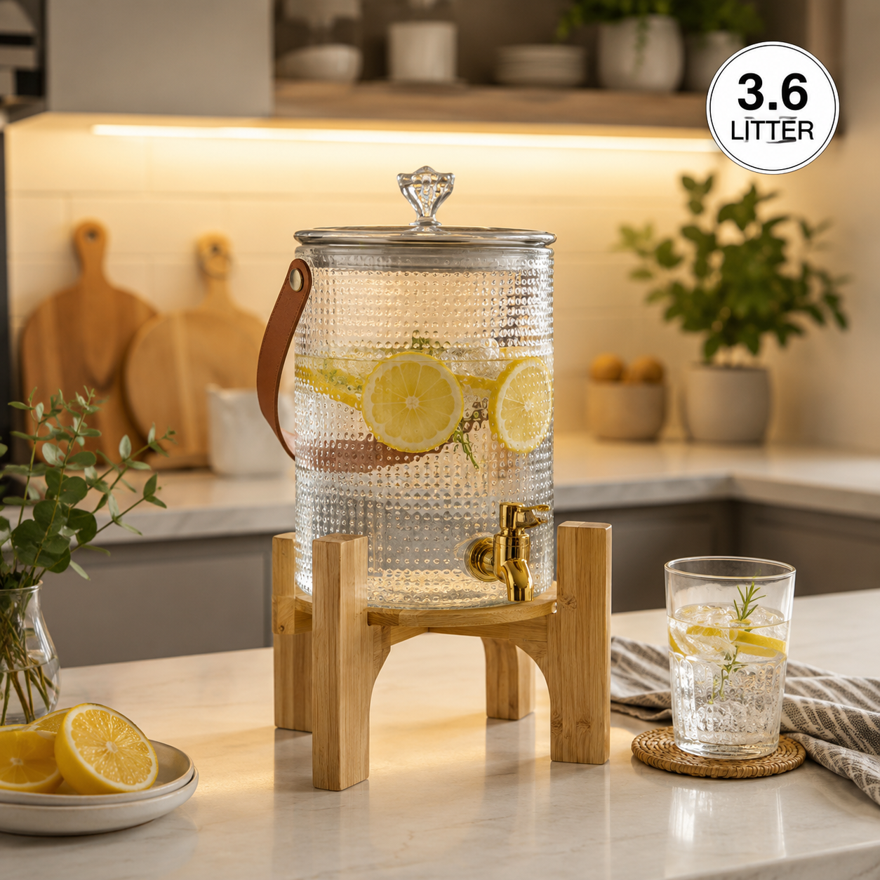 3.6L Glass Beverage Dispenser with Wooden Stand & Gold Tap