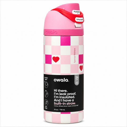 Owala 24oz Pink Checkered Hearts Edition FreeSip Insulated Water Bottle – Special Edition