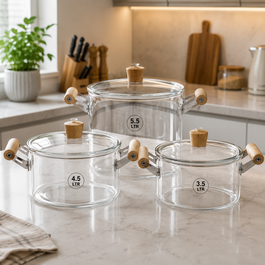 Premium Borosilicate Glass Casserole Set with Wooden Handles & Lids (3.5L, 4.5L & 5.5L)