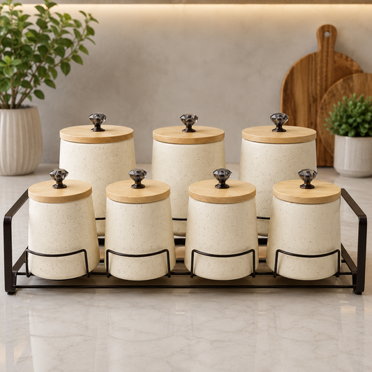 Premium 8-Piece Ceramic Storage Jar Set with Wooden Lids & Metal Rack