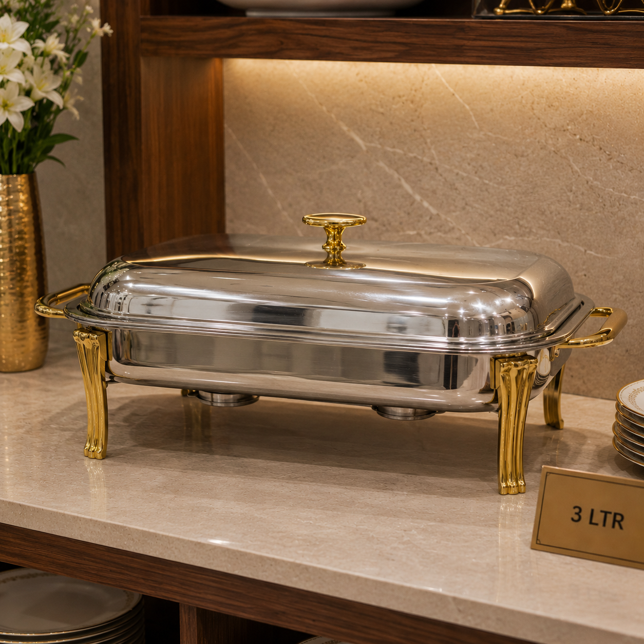 3L Rectangular Stainless Steel Chafing Dish with Gold Accents