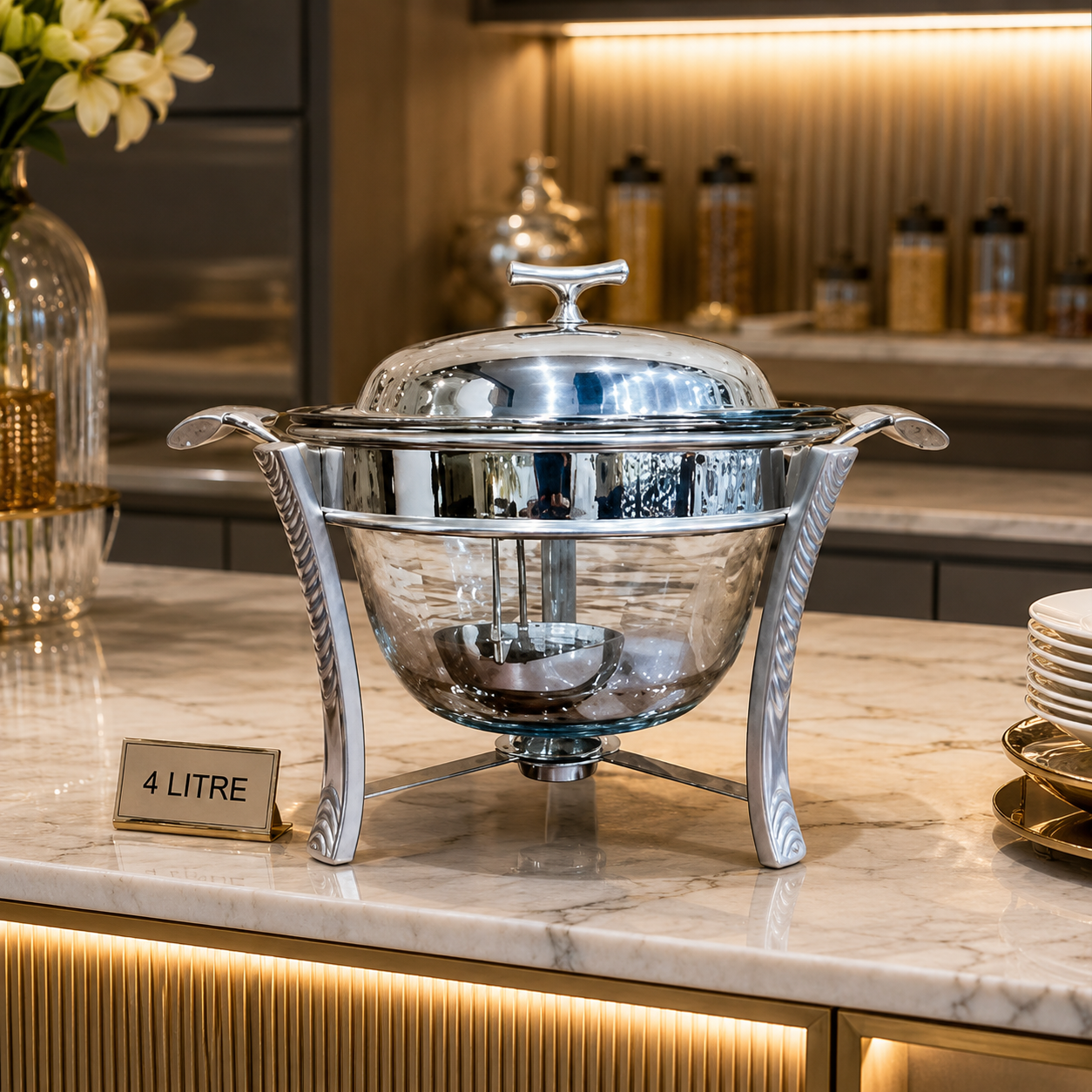 4 Litre Stainless Steel Chafing Dish with Glass Bowl & Stand