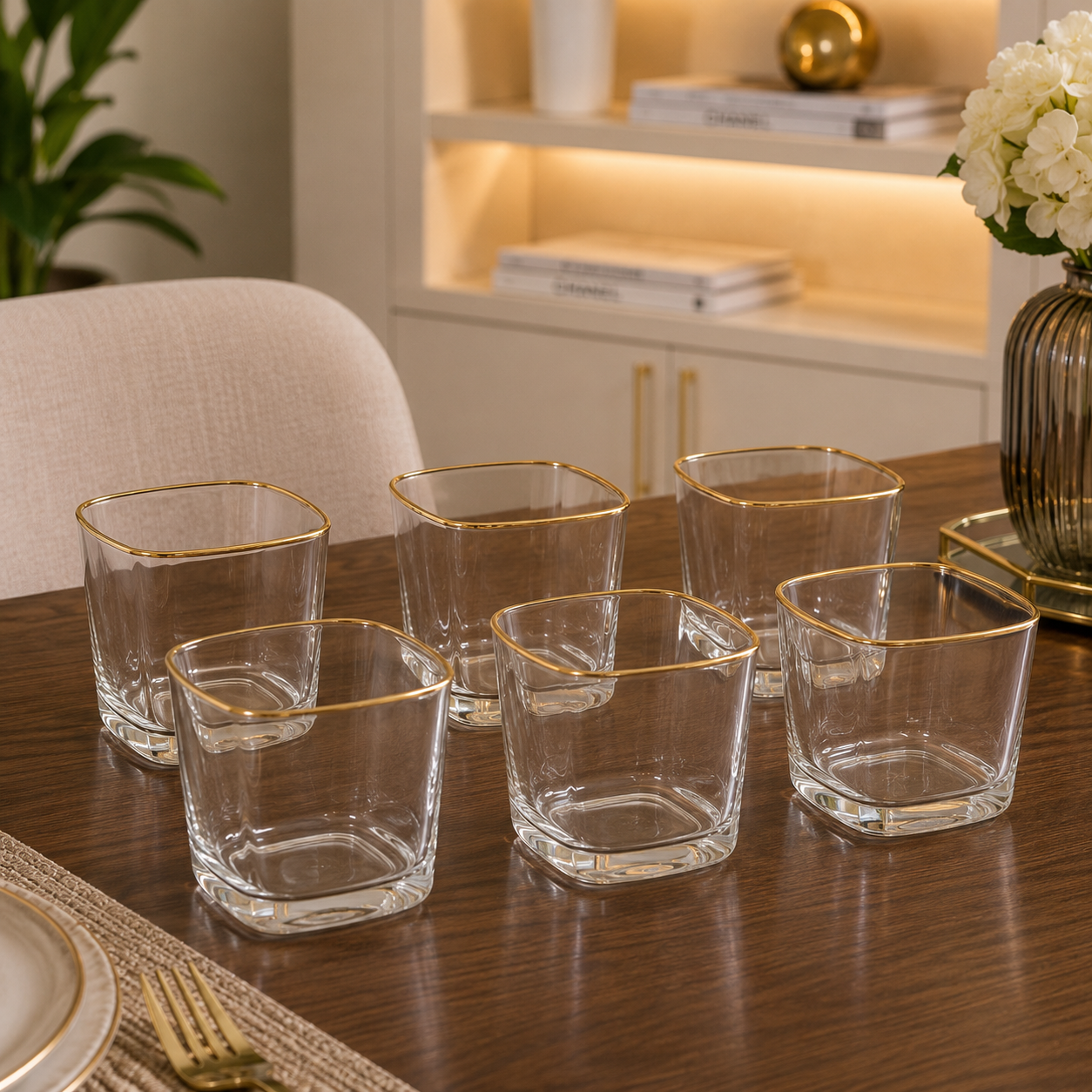 6-Piece Square Crystal Glass Tumbler Set with Gold Rim