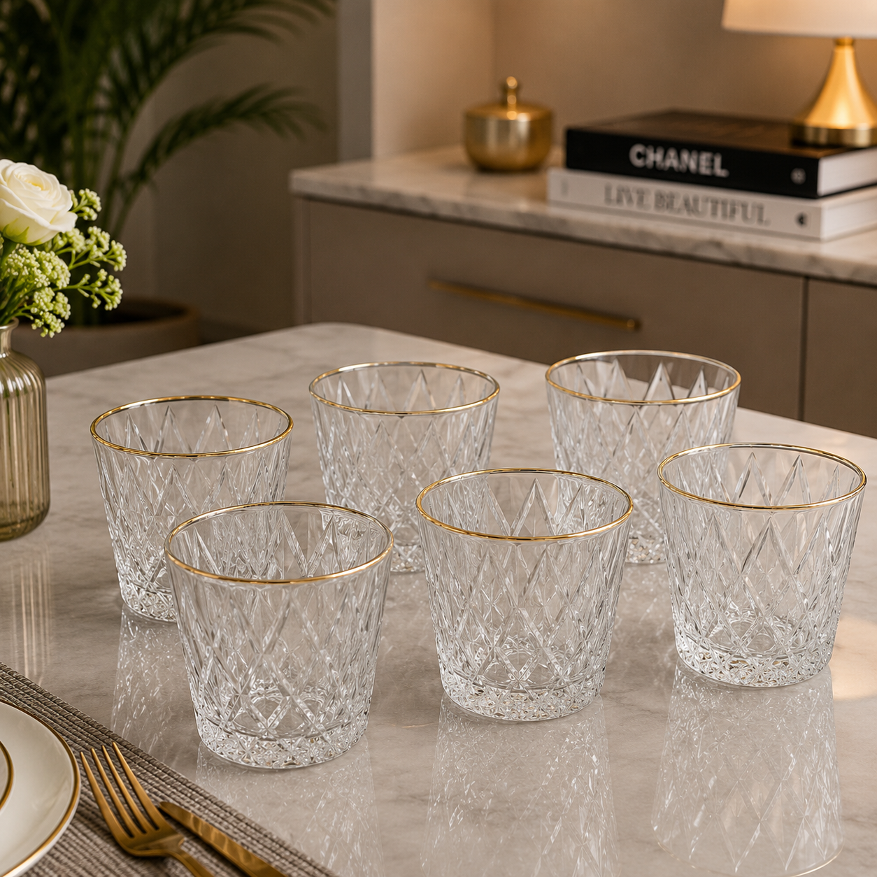 6-Piece Diamond Cut Crystal Glass Tumbler Set with Gold Rim