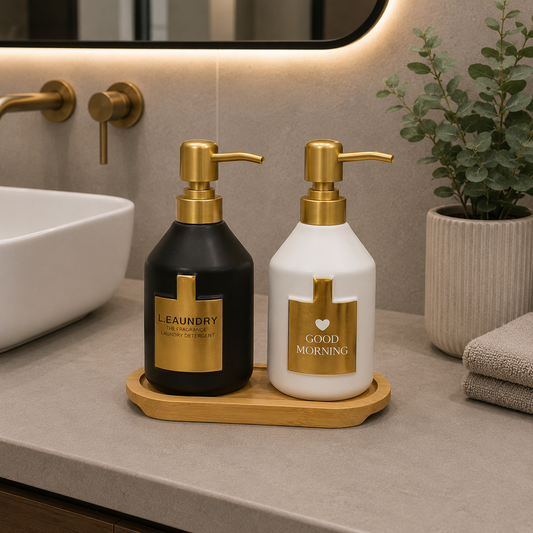 2-Piece Ceramic Soap Dispenser Set with Bamboo Tray – Gold Luxe Collection