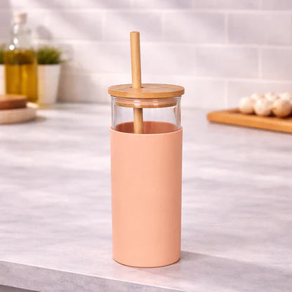 Danny Home Borosilicate Bottle with Wood Lid & Straw 17.7cm