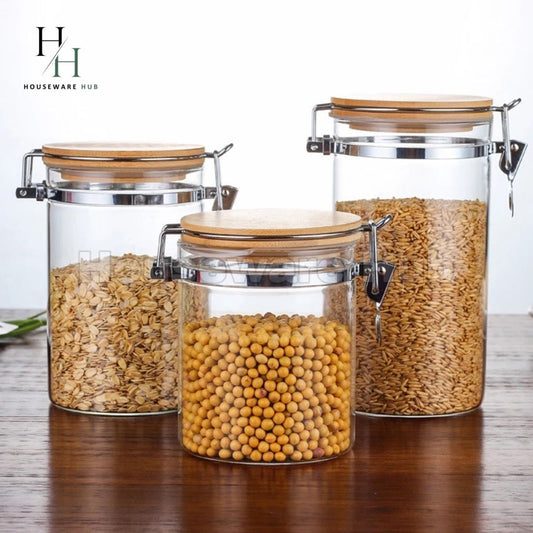 Glass Jar With Steel Clamp&Wooden Lid-3 Piece Set