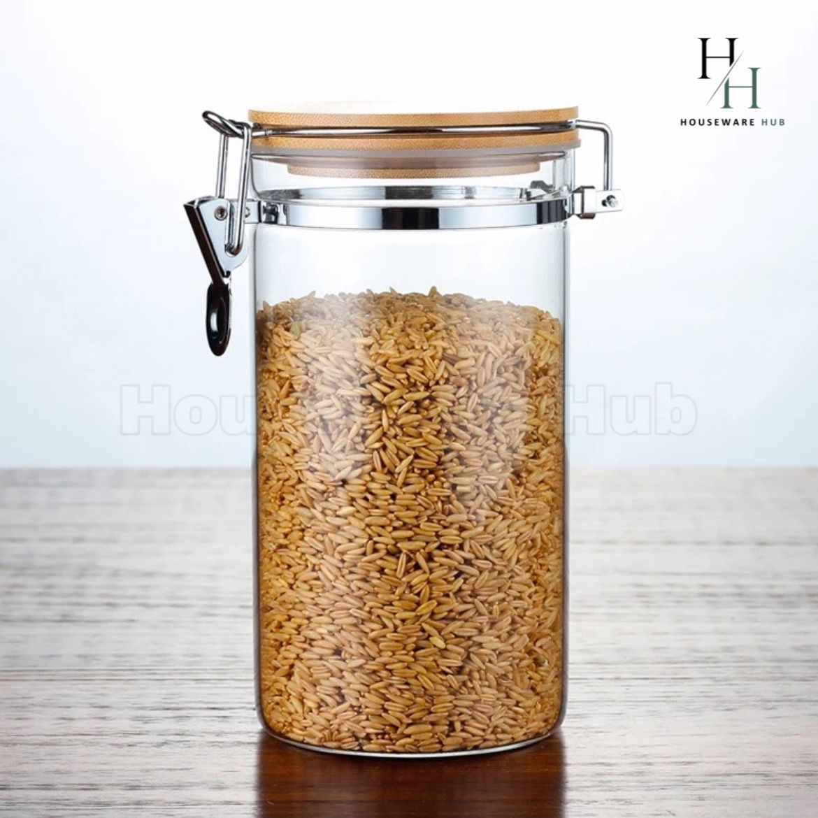Glass Jar With Steel Clamp&Wooden Lid-3 Piece Set