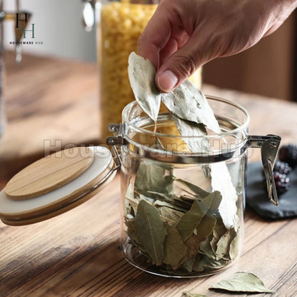 Glass Jar With Steel Clamp&Wooden Lid-3 Piece Set