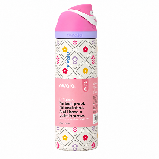 Owala 24oz Insulated Water Bottle – Leak-Proof FreeSip Straw Lid (Floral Pastel Edition)