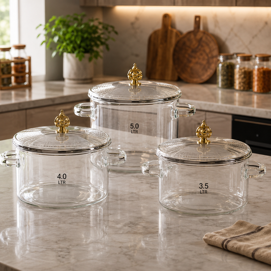 Premium Borosilicate Glass Casserole Set with Gold Knob Lids (3.5L, 4.0L & 5.0L)