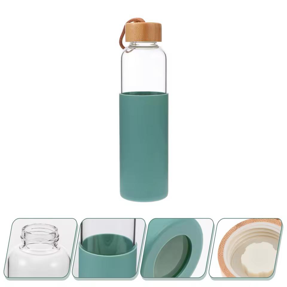 Portable Glass Water Bottle With Wooden Lid-550ML
