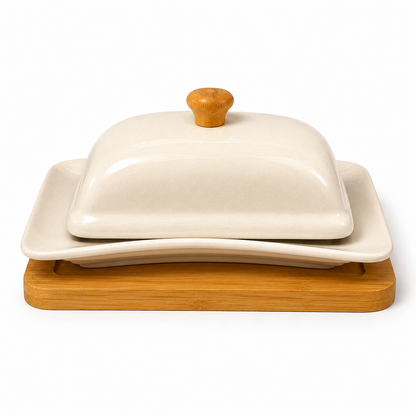Ceramic Butter Dish with Bamboo Tray & Wooden Lid Handle